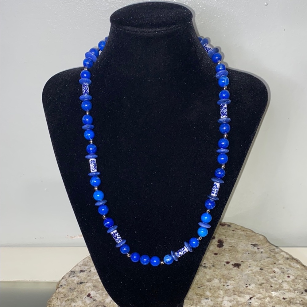 Vintage Karla Jordan 24” Howlite Porcelain Cobalt Blue Necklace
